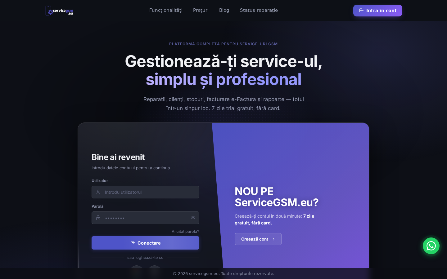 Prima pagină ServiceGSM.eu cu cardul de autentificare și panoul „Nou pe ServiceGSM.eu?”