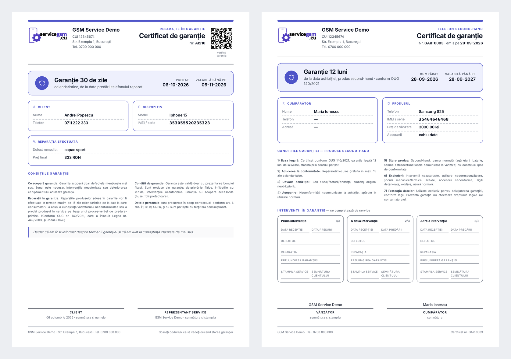 Noile certificate de garanție: pentru reparații (cu cod QR și data expirării) și pentru telefoanele vândute (cu casetele pentru intervenții)