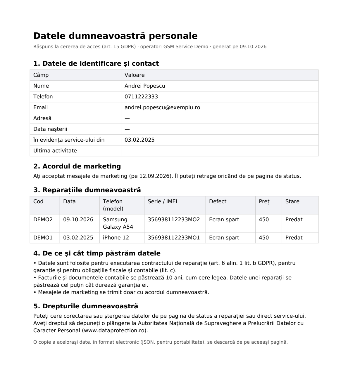 PDF-ul cu datele personale ale clientului: identificare, marketing, reparații, păstrarea datelor și drepturi