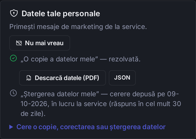 Pe pagina de status: cererea de acces rezolvată, cu butoanele Descarcă datele (PDF) și JSON
