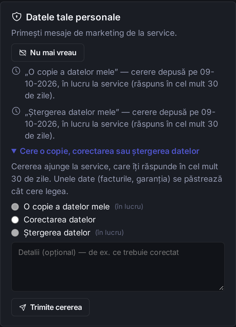 Secțiunea Datele tale personale de pe pagina de status: retragerea acordului de marketing și cererile de copie, corectare sau ștergere