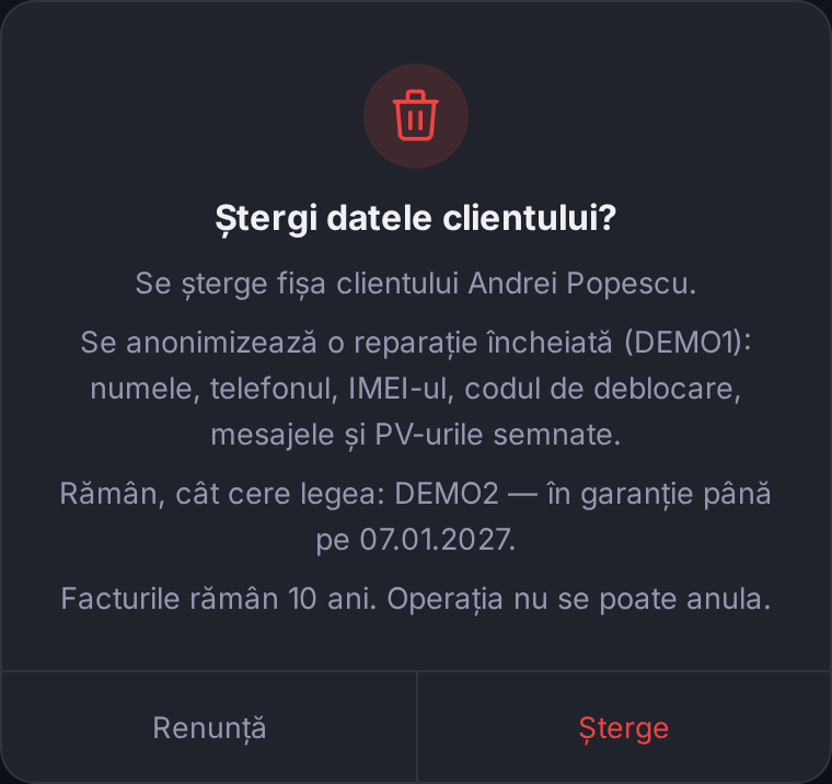 Confirmarea ștergerii: fișa se șterge, reparația încheiată se anonimizează, cea în garanție se păstrează