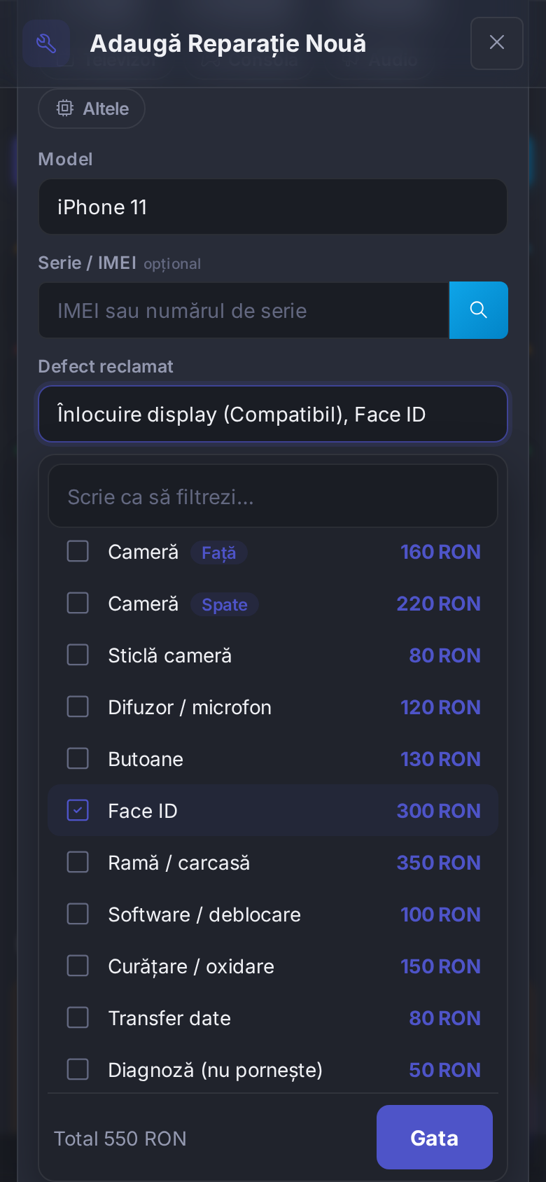 Lista cu bife pe telefon: Înlocuire display Compatibil și Face ID bifate, total 550 RON