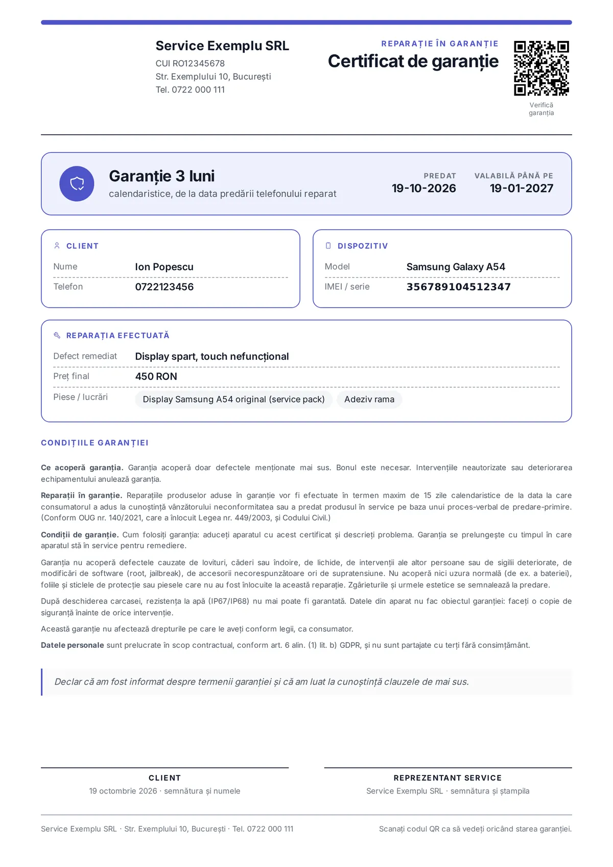 Model de certificat de garanție pentru reparația unui telefon, generat de ServiceGSM.eu
