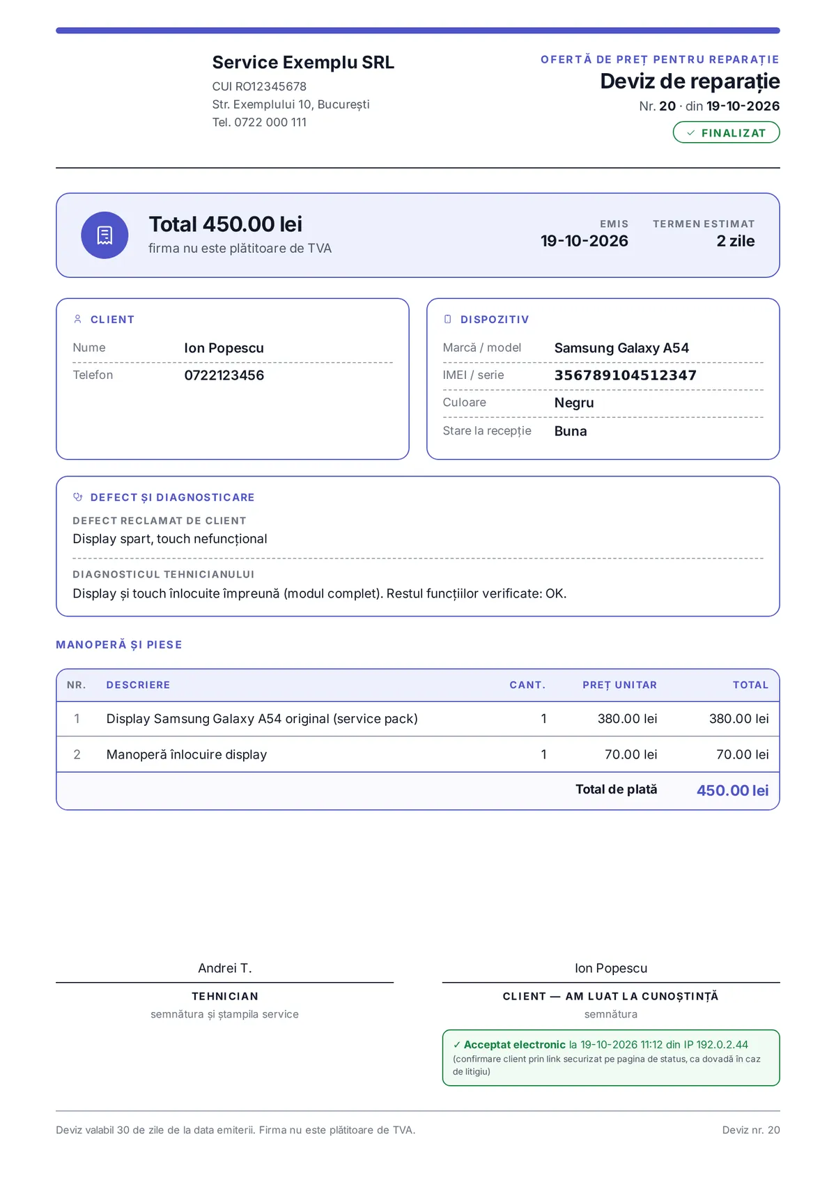 Model de deviz de reparație pentru un telefon, generat de ServiceGSM.eu