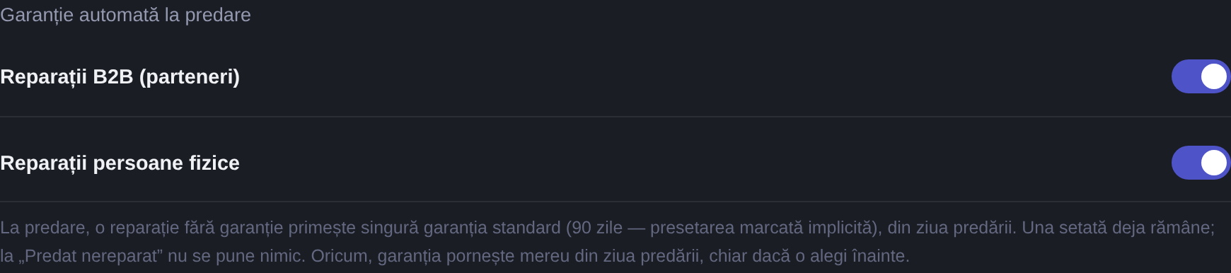 Comutatoarele de garanție automată din Setări