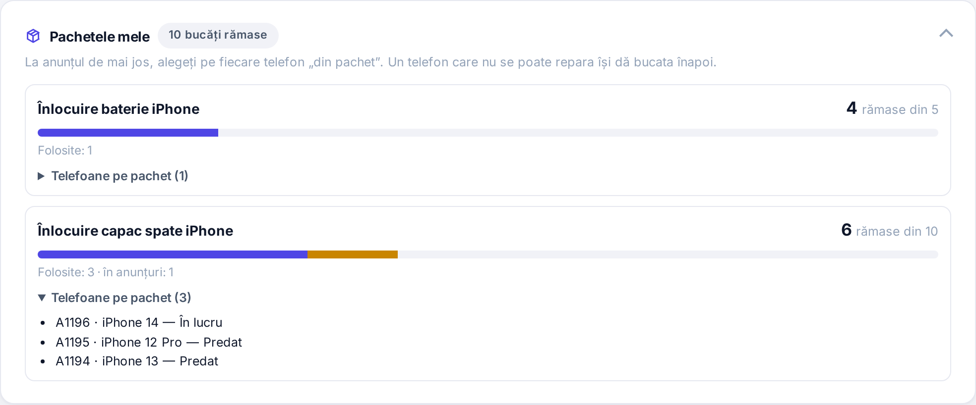 Cardul Pachetele mele din portalul partenerului