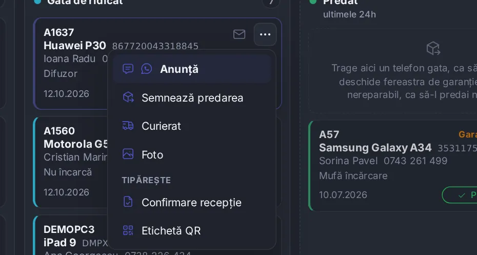 Meniul unui card: Anunță, Semnează predarea, Curierat, Foto, Confirmare recepție, Etichetă QR