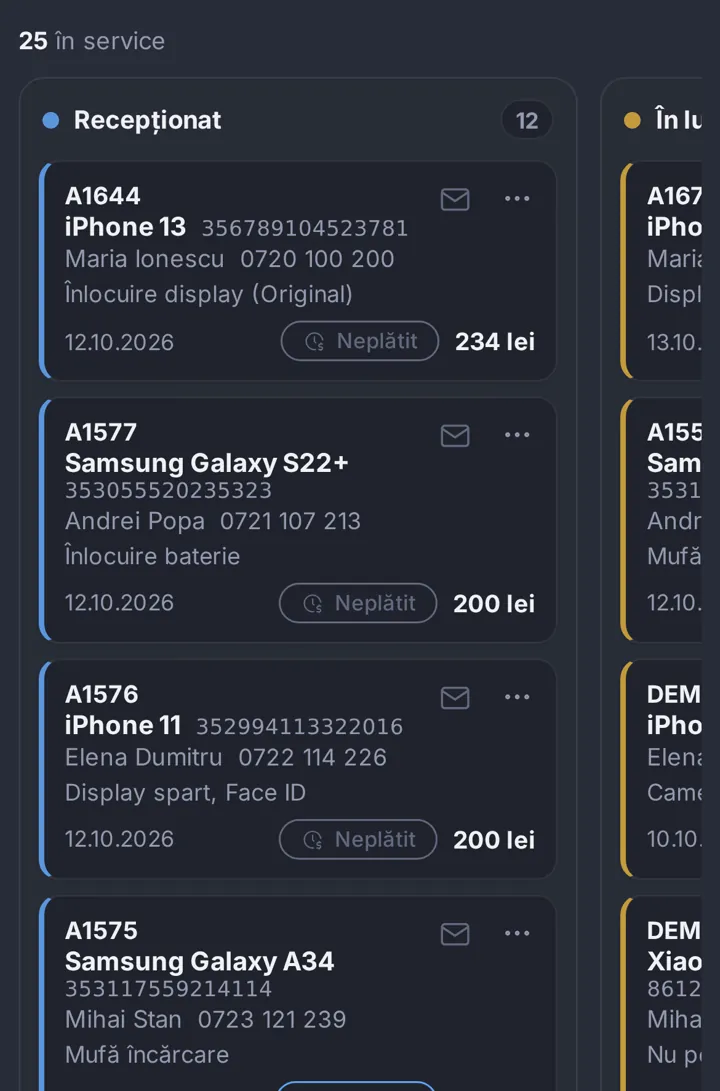 Panoul pe telefon: coloana Recepționat cu carduri, coloanele următoare se derulează lateral
