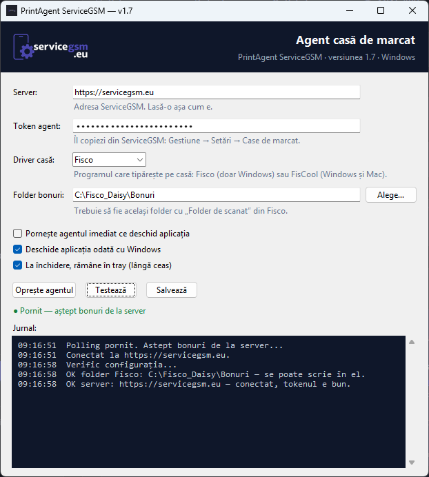 Fereastra PrintAgent pe Windows: server, token, driver Fisco, folderul de bonuri și jurnalul cu verificarea reușită