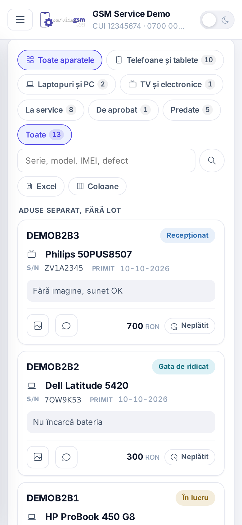 Portalul partenerului pe telefon: filtrele pe domenii și cardurile cu S/N