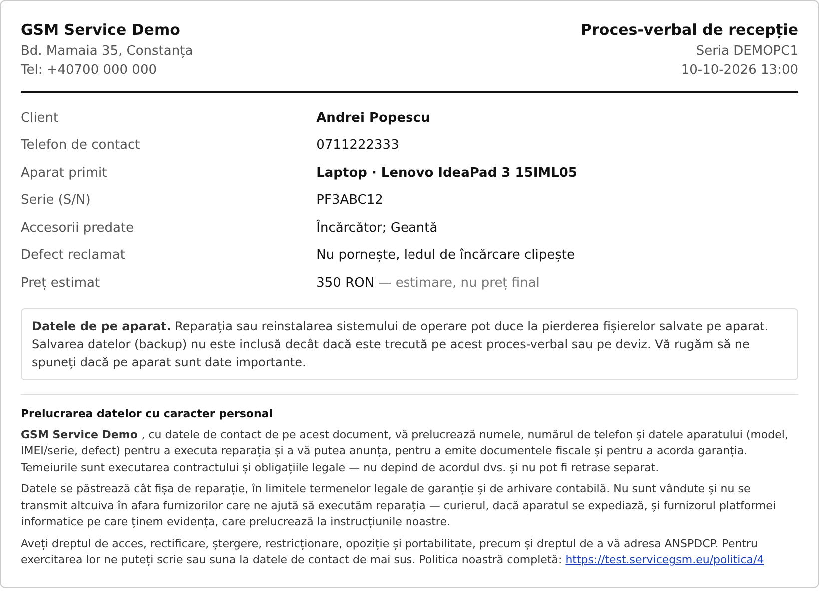 Proces-verbal de recepție pentru un laptop: tipul aparatului, serie, accesorii predate și nota despre datele de pe disc