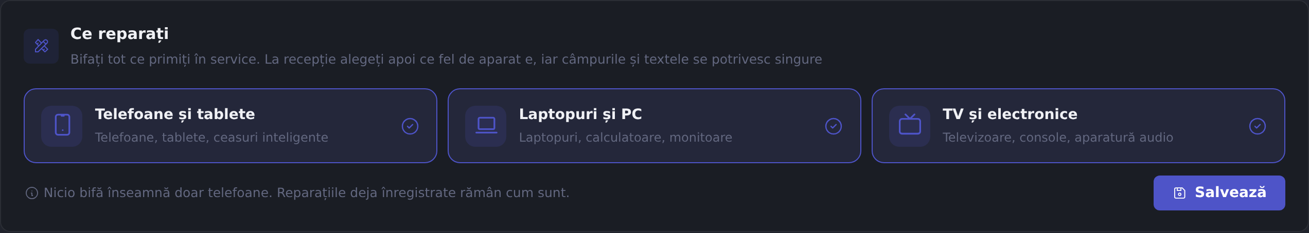 Secțiunea Ce reparați din Setări: Telefoane și tablete, Laptopuri și PC, TV și electronice