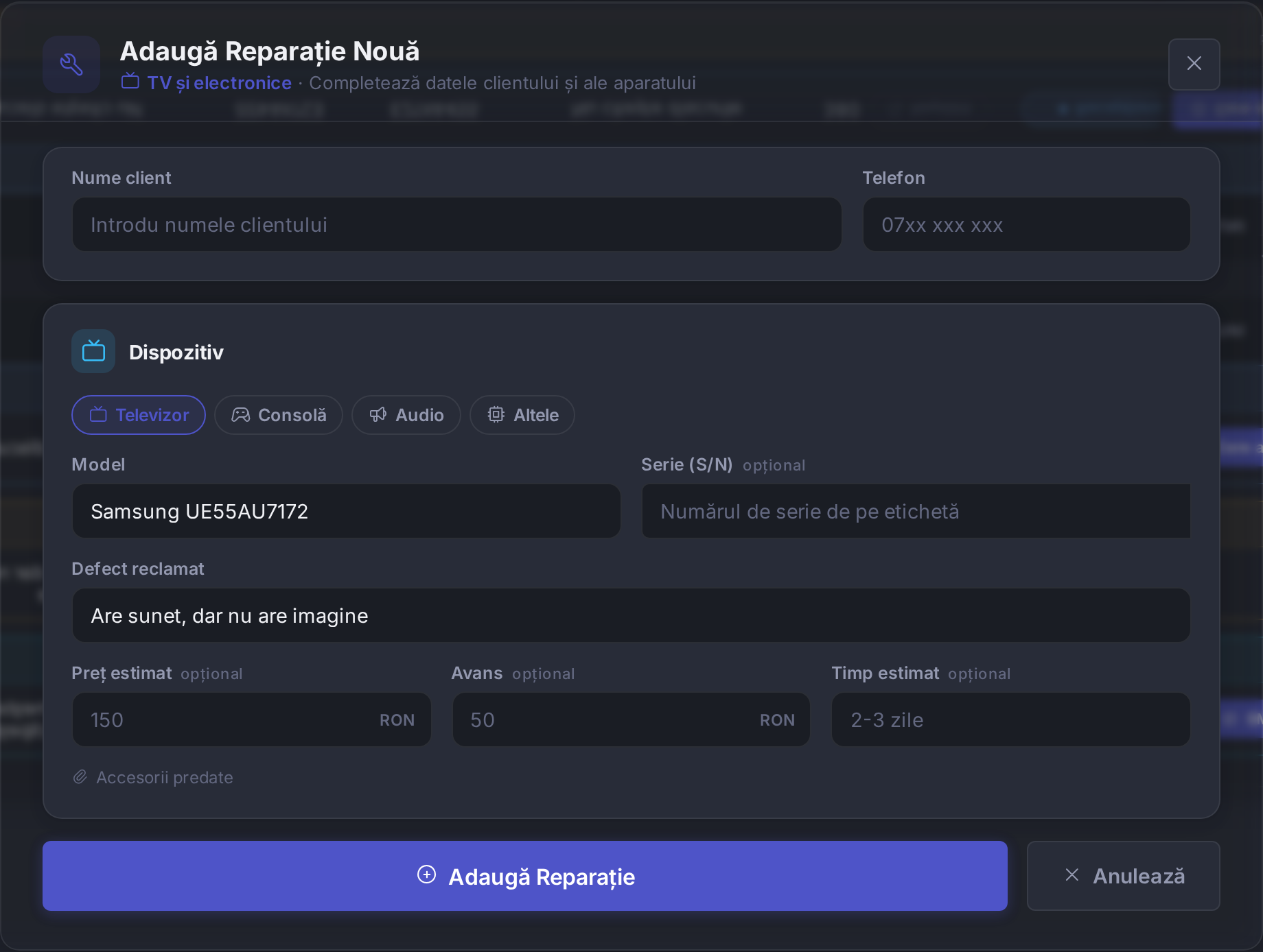 Recepția unui televizor: Televizor, Consolă, Audio sau Altele, doar cu seria aparatului