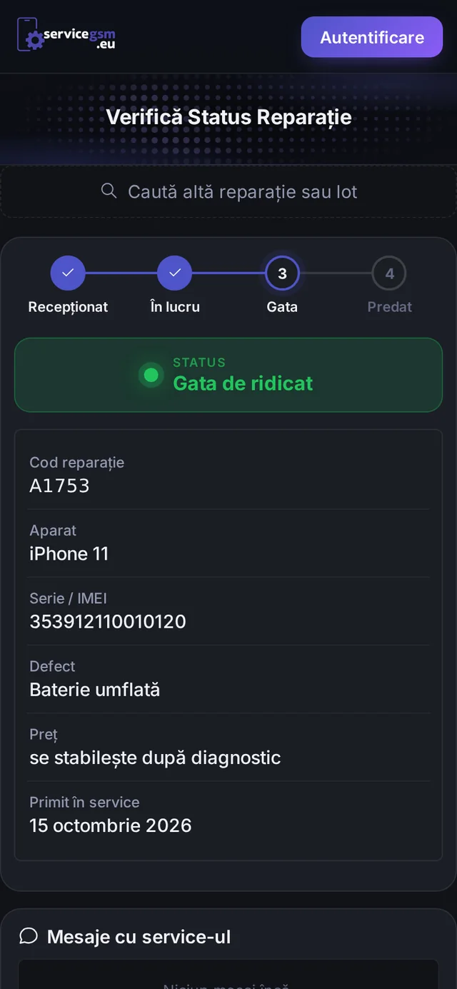 Pagina de status a reparației pe telefon: Gata de ridicat, cu detaliile aparatului