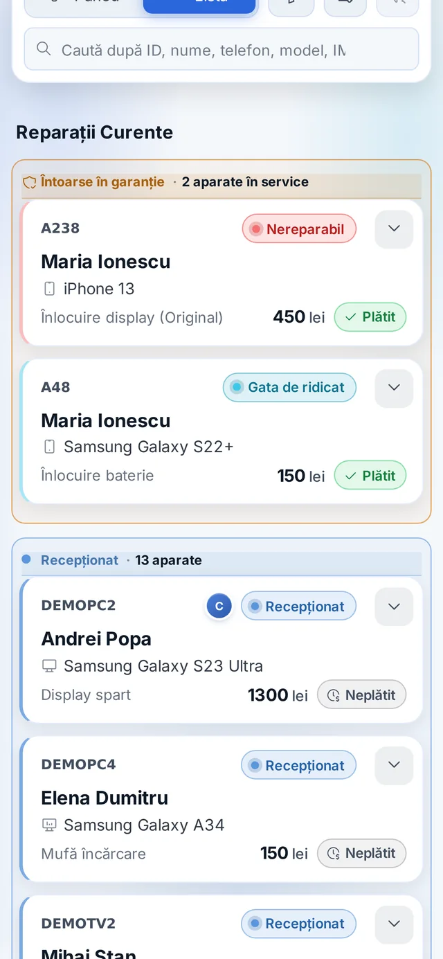 ServiceGSM pe telefon: lista reparațiilor ca fișe, cu statusul și plata scrise