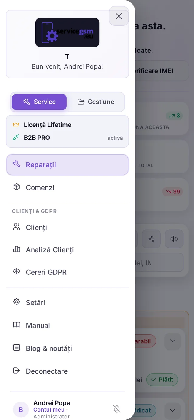 ServiceGSM pe telefon: meniul lateral deschis