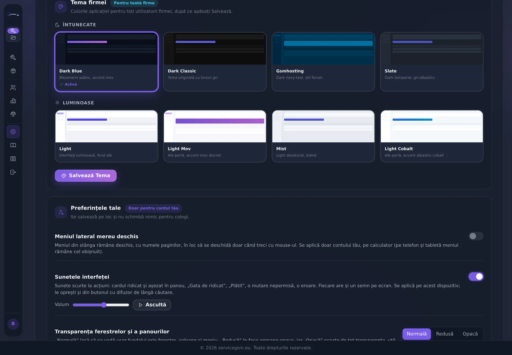 Setări, Temă: Dark Blue, Dark Classic, Gsmhosting, Slate, Light, Light Mov, Mist și Light Cobalt