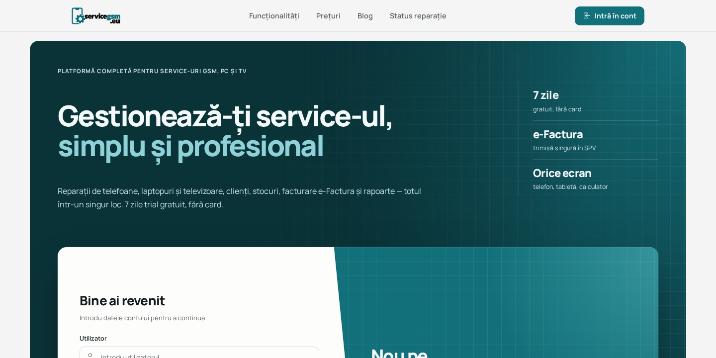 Prima pagină ServiceGSM.eu în noul aspect: antet petrol și formularul de autentificare pe fundal deschis