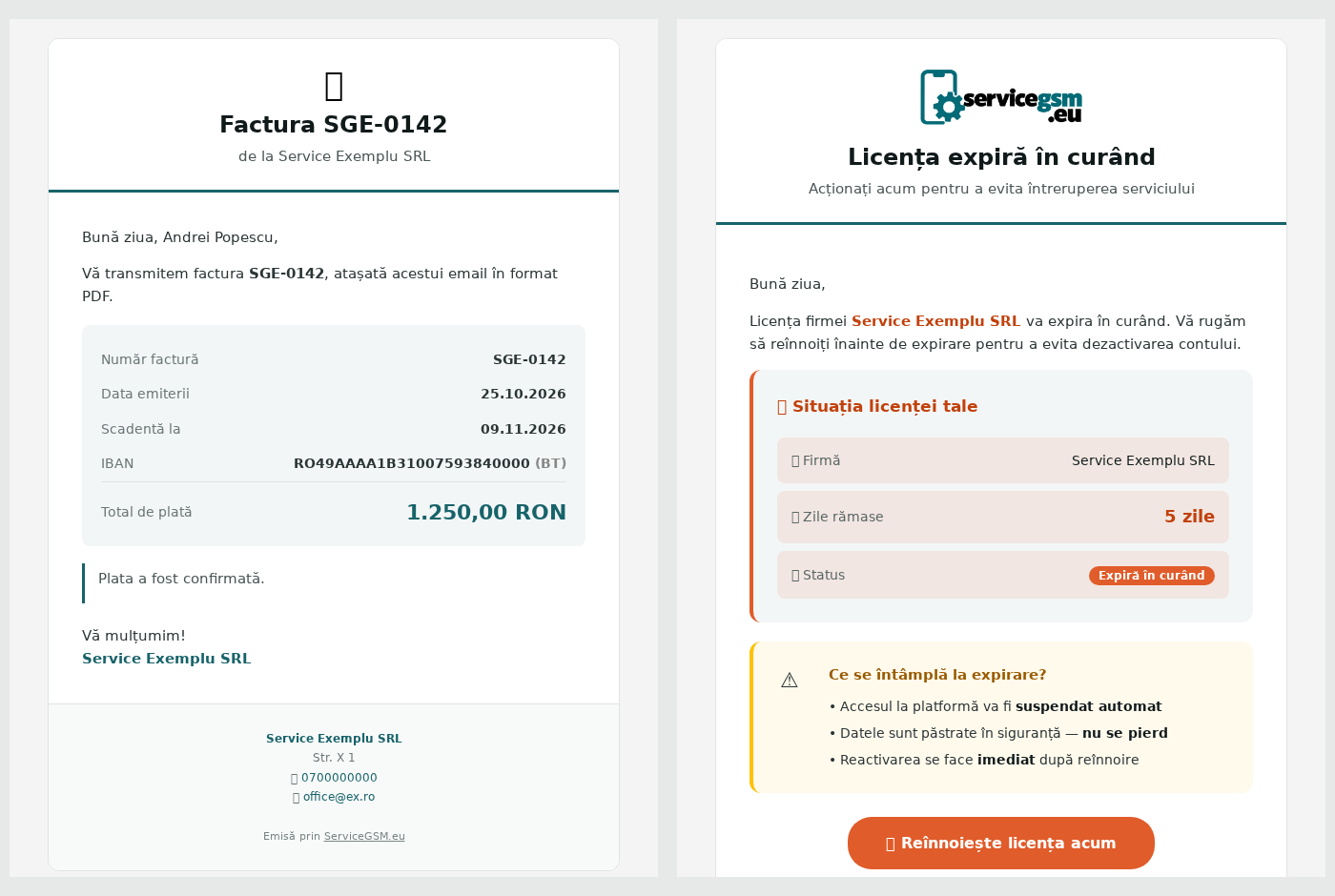 Emailul cu factura și emailul de licență pe fundal alb, cu antet deschis și accente petrol