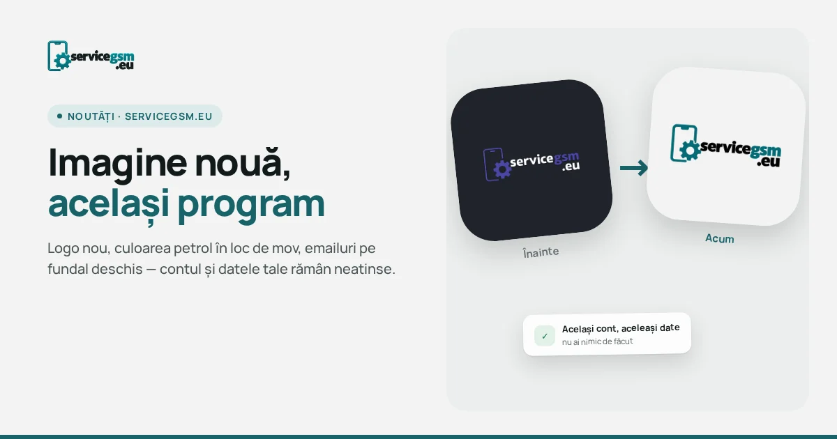 ServiceGSM.eu are o imagine nouă: logo, culoarea petrol și emailuri pe alb
