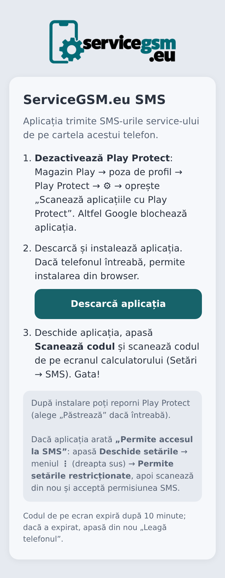 Pagina de descărcare a aplicației ServiceGSM.eu SMS, deschisă din codul QR pe telefon