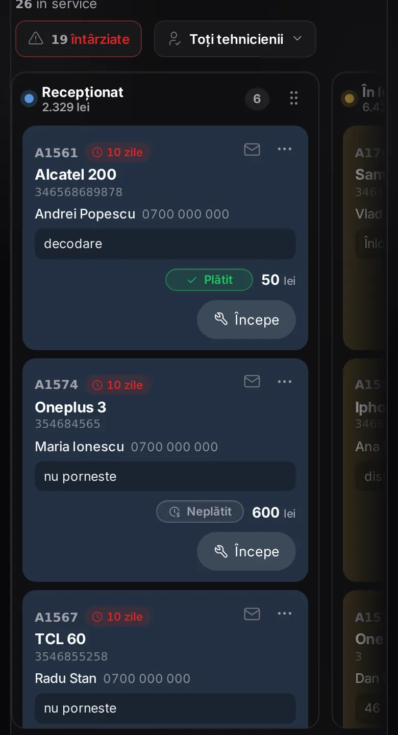 Panoul de reparații pe telefon, tema Dark Monocrom