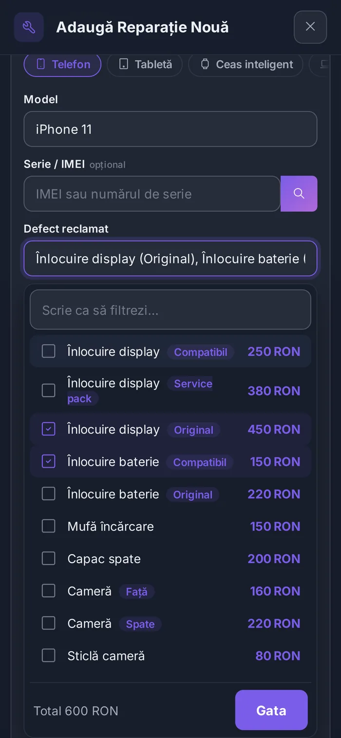 Lista de prețuri, pe telefon