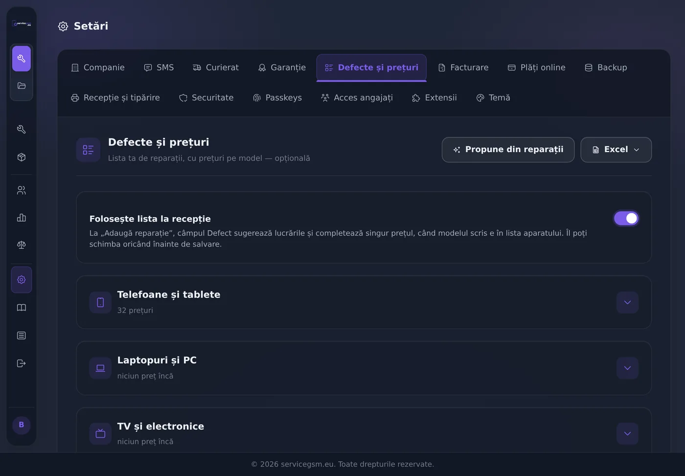 Lista de prețuri pe model